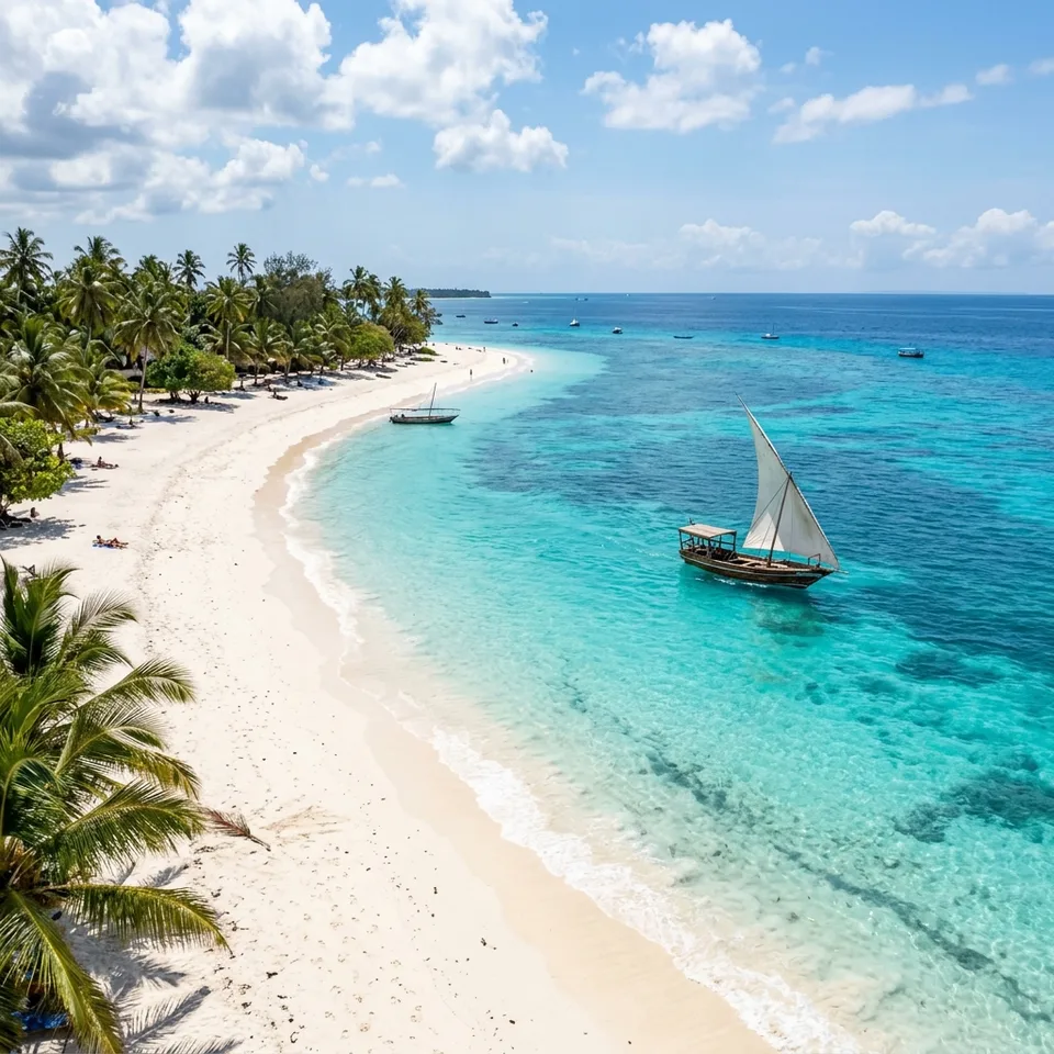 Turquoise water and a sailing dhow off a palm-lined Zanzibar beach